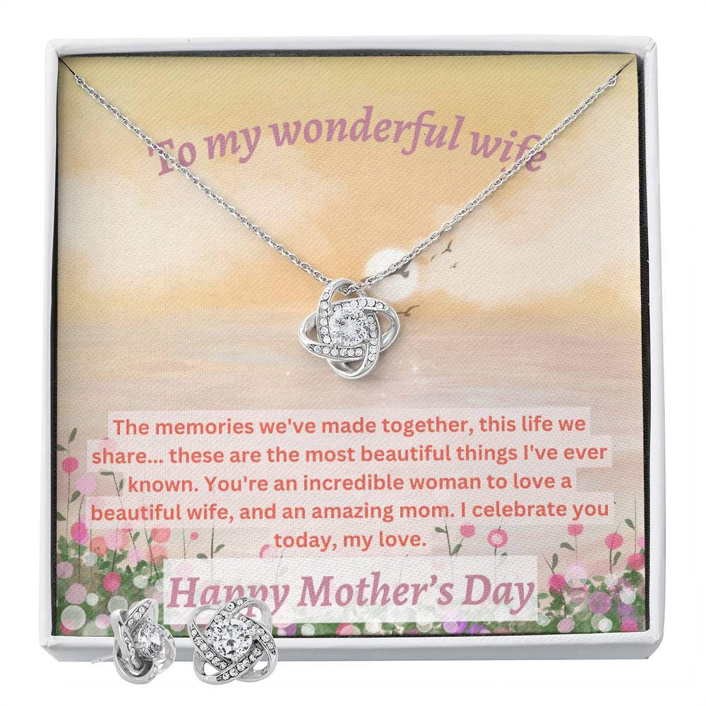 Mother's Day Love Knot Earring & Necklace Gift Set for Wife, Elegant Gift for Her, 14k White Gold Necklace, Personalized Gift